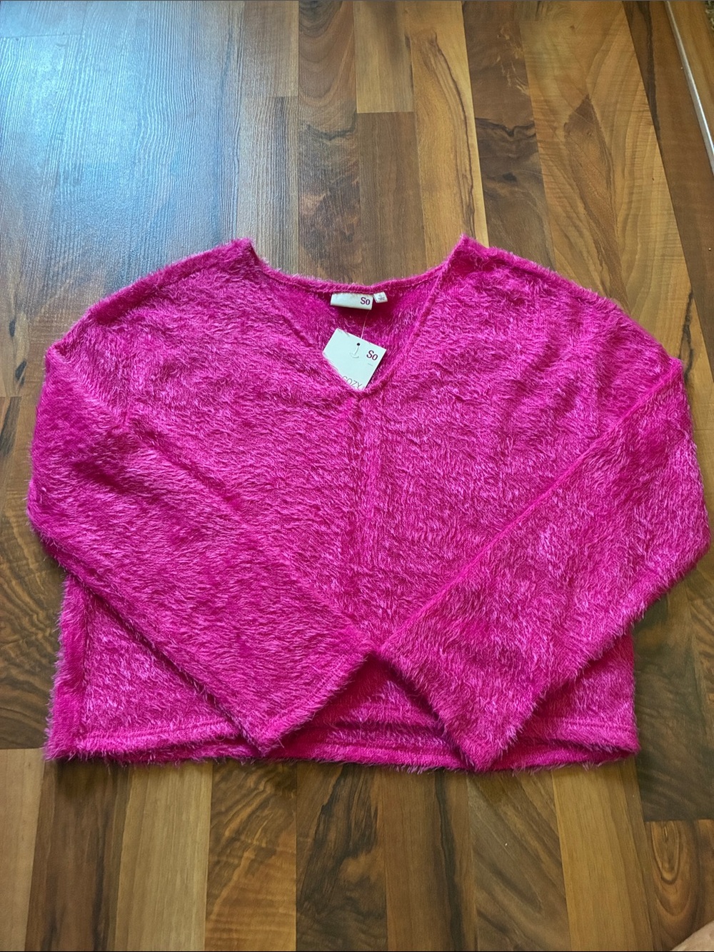 SO Fuzzy V-Neck Long Sleeve Sweater - Hot Pink